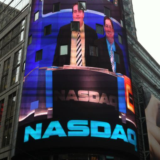 Brett and Kevin Young on NASDAQ jumbotron.