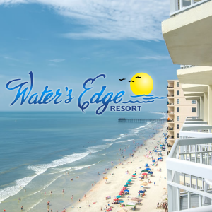 Water's Edge Resort logo with Myrtle Beach in the background