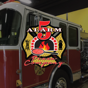 5 Alarm Pizza Company logo with fire truck in the background