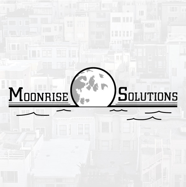 Logo with moonrise solutions with city in the background