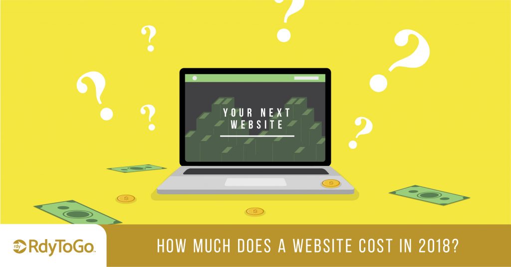 Illustrated computer with question: How much does a website cost in 2018?